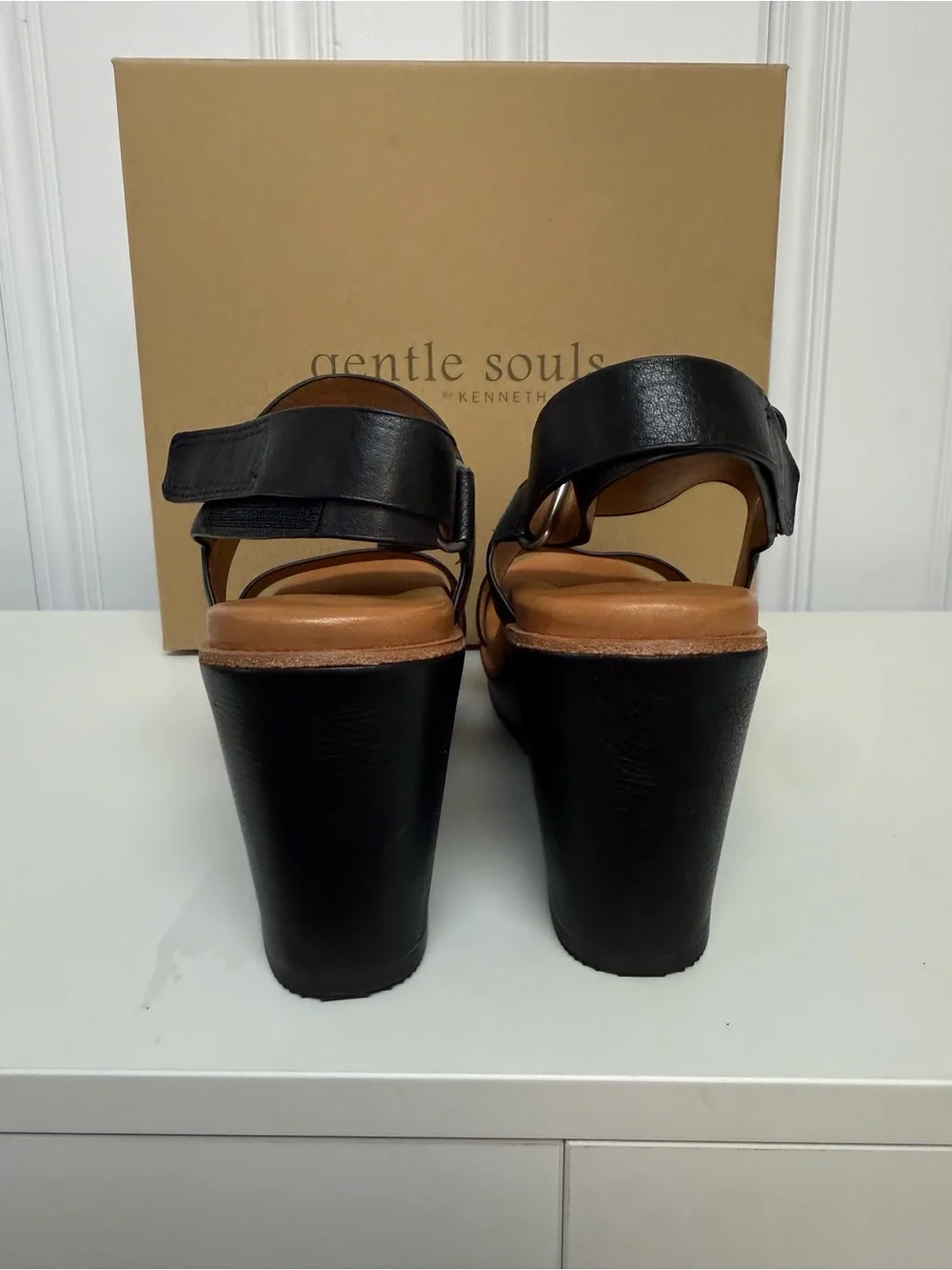 Gentle Souls Hope Black Leather Platform Wedge Sandals 9.5